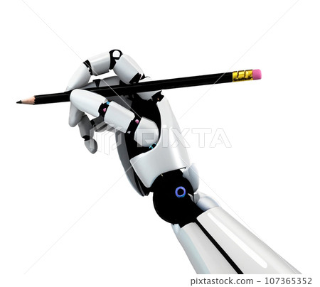拿著鉛筆的機器人的插圖，白色背景，AI 圖像 107365352