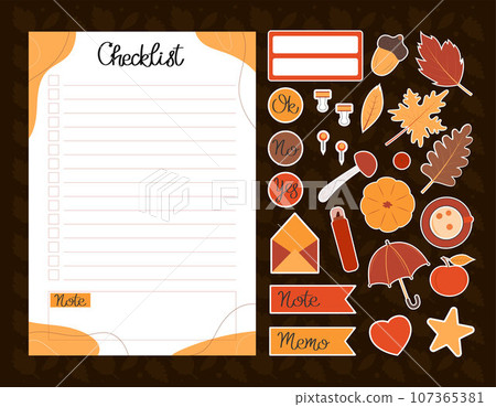 Autumn checklists template. Set of autumn stickers. Template for agenda, planners, notebooks, cards and other stationery. Event planner template. Layout in A5. Autumn checklists template. Set of autumn stickers. Template for agenda, planners, notebooks, cards and other stationery. Event planner template. Layout in A5. 107365381