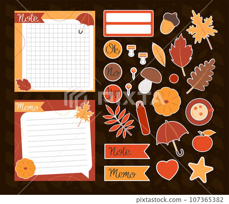 Autumn notes and stickers. Set of autumnal template notes. Cute paper note template. Notes, memo and to do lists used in a diary, home or office. Autumn notes and stickers. Set of autumnal template notes. Cute paper note template. Notes, memo and to do lists used in a diary, home or office. 107365382