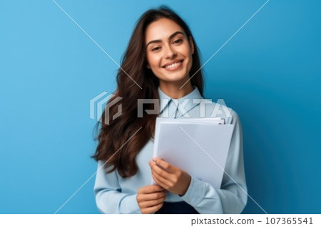 Woman accountant stands in profile and holds documents or tablet 107365541