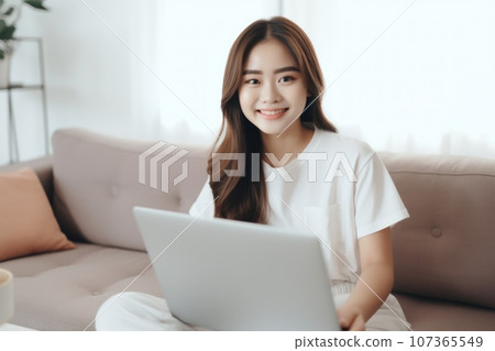 Portrait of happy smile girl working with laptop Portrait of happy smile girl working with laptop 107365549