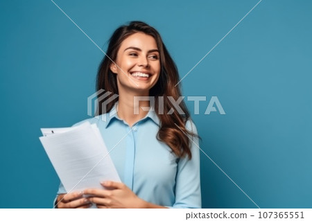 Woman accountant stands in profile and holds documents or tablet Woman accountant stands in profile and holds documents or tablet 107365551