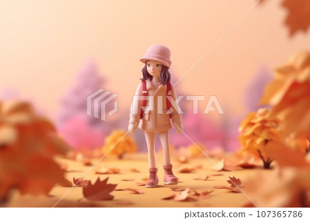 A girl walking in autumn season concept 3d Tiny cute isometric Generative AI 107365786