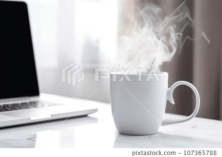 Blank white coffee mug mockup on work desk Generative AI 107365788