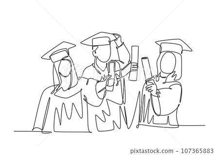 Continuous one line drawing group of young happy graduate male and female college student wearing gown and holding diploma certificate paper. Education. Single line design vector graphic illustration Continuous one line drawing group of young happy graduate male and female college student wearing gown and holding diploma certificate paper. Education. Single line design vector graphic illustration 107365883