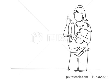 Single continuous line drawing young beauty junior high school girl student holding book and school bag and gives thumbs up gesture. Education concept. One line draw graphic design vector illustration Single continuous line drawing young beauty junior high school girl student holding book and school bag and gives thumbs up gesture. Education concept. One line draw graphic design vector illustration 107365888
