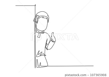 Single one line drawing of young happy student boy school student appeared from behind the wall and giving thumbs up gesture. Education concept. Continuous line draw design graphic vector illustration 107365908