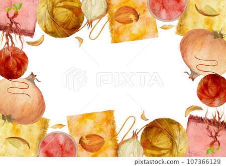 Hand drawn watercolor madder root, onion natural plant dye and materials for hobby, handmade fabric. Illustration isolated frame, white background. Shop logo, print, website, business card, booklet 107366129