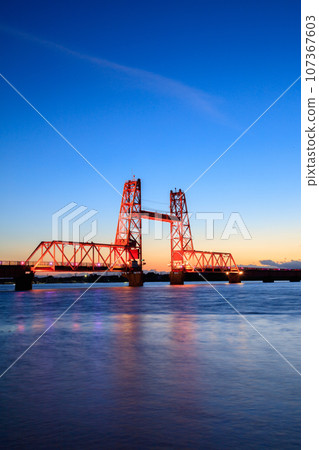 Summer Chikugo River Lift Bridge illuminated Okawa City, Fukuoka Prefecture 107367603