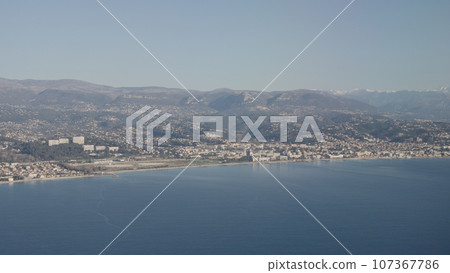 Airplane shot, approaching Cote D Azur airport, view of south France coast Airplane shot, approaching Cote D Azur airport, view of south France coast 107367786