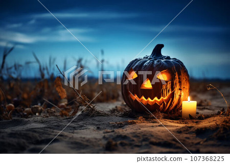 Halloween pumpkin lantern with dry leaves with black background Halloween pumpkin lantern with dry leaves with black background 107368225