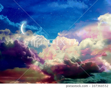 風景背景圖描繪了柔和色彩的美麗日出和透過雲層縫隙閃耀的新月 風景背景圖描繪了柔和色彩的美麗日出和透過雲層縫隙閃耀的新月 107368552
