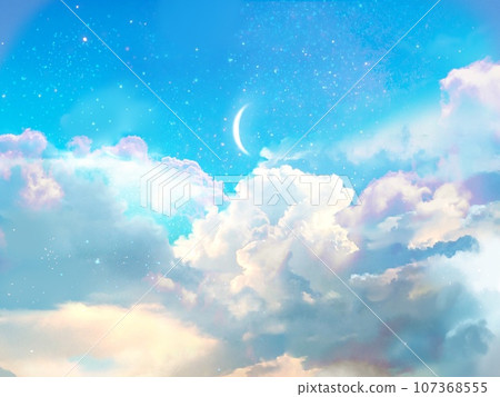 Landscape background illustration of a beautiful sunrise in pastel colors and a crescent moon shining through the gaps in the clouds 107368555