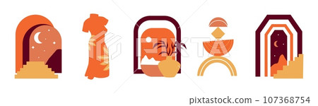 Boho portals. Arch frame. Doodle geometric shape. Plant branches in vase. Sky with sun or crescent. Female body. Minimal leaves. Orange dress. Silhouette window or ladder. Vector Bohemian elements set 107368754