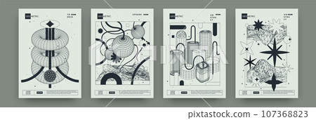 Retro posters. Space shapes. Monochrome elements. Abstract grid and pattern figures. Line torus or cylinder. Form structure. Spheres composition. Geometry wireframe. Vector 3D exact design banners set Retro posters. Space shapes. Monochrome elements. Abstract grid and pattern figures. Line torus or cylinder. Form structure. Spheres composition. Geometry wireframe. Vector 3D exact design banners set 107368823