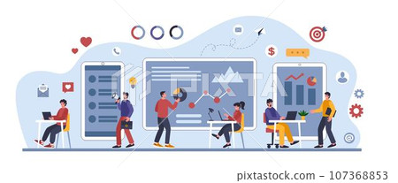 Office employees. Marketing process. Digital app team. Education system. Data social startup. Smartphone and tablet screen. Statistic infographics. Workers teamwork. Vector illustration tidy banner 107368853