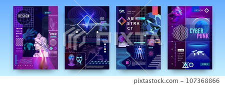 Futuristic posters. 3D grid shapes. Space planets. Retro lines for acid T-shirt. Human skull and sculpture. Streetwear Sci-fi print. Weapon and cyberpunk Earth map. Vector banners exact design set 107368866