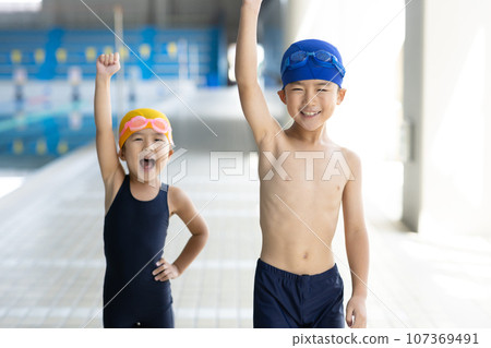 children going to the pool children going to the pool 107369491