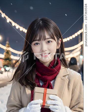 AI image Young woman smiling and holding a present on a snowy night with sparkling Christmas illuminations 107369504