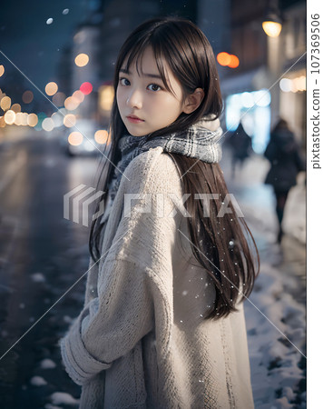 AI image: A young woman standing lonely on a snowy night with sparkling Christmas illuminations 107369506
