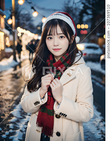 AI image: A young woman standing lonely on a snowy night with sparkling Christmas illuminations AI image: A young woman standing lonely on a snowy night with sparkling Christmas illuminations 107369510