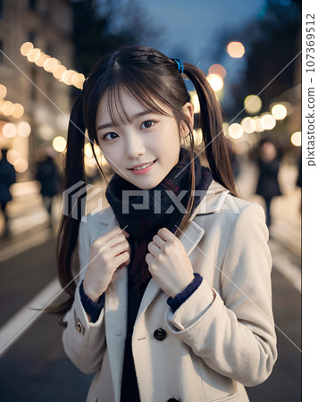 AI image: A young woman standing with a smile on a snowy night with sparkling Christmas illuminations 107369512