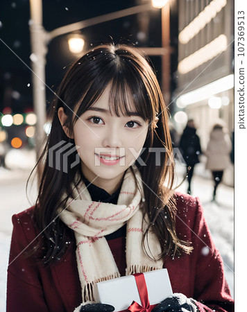 AI image Young woman smiling and holding a present on a snowy night with sparkling Christmas illuminations 107369513