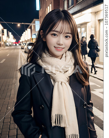 AI image: A young woman standing with a smile on a snowy night with sparkling Christmas illuminations AI image: A young woman standing with a smile on a snowy night with sparkling Christmas illuminations 107369517
