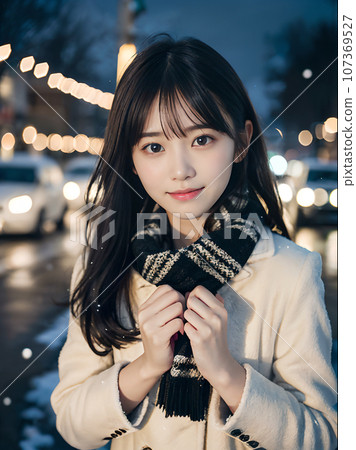 AI image: A young woman standing with a smile on a snowy night with sparkling Christmas illuminations AI image: A young woman standing with a smile on a snowy night with sparkling Christmas illuminations 107369527