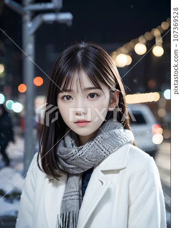 AI image: A young woman standing lonely on a snowy night with sparkling Christmas illuminations 107369528