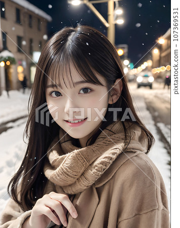 AI image: A young woman standing with a smile on a snowy night with sparkling Christmas illuminations AI image: A young woman standing with a smile on a snowy night with sparkling Christmas illuminations 107369531