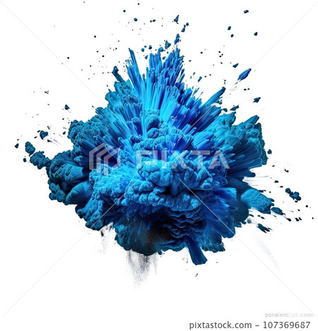 Powerful explosion of blue holi powder on transparent background. Saturate blue smoke paint explosion, fume powder splash, motion of liquid ink in water. 107369687