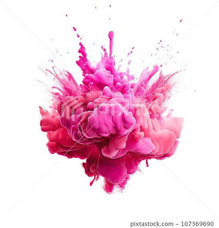 Powerful explosion of pink holi powder on transparent background. Saturate pink smoke paint explosion, fume powder splash, motion of liquid ink in water. 107369690