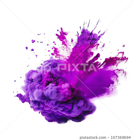 Powerful explosion of purple holi powder on transparent background. Saturate violet smoke paint explosion, fume powder splash, motion of liquid ink in water. 107369694