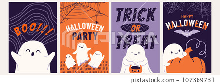 Halloween greeting card set vector illustration. Halloween background with cute expression ghost, pumpkin, spider web, quotes text. Design for kid flyer, banner, poster templates Halloween greeting card set vector illustration. Halloween background with cute expression ghost, pumpkin, spider web, quotes text. Design for kid flyer, banner, poster templates 107369731