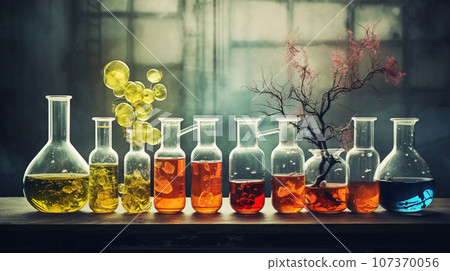 Laboratory glassware with different color reagents. Chemical laboratory experiment concept 107370056