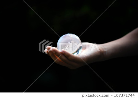Globe reflected in a crystal ball 107371744