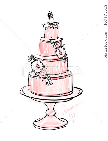Multi-tiered wedding cake on a stand decorated with roses with a topper of bride and groom figurines. Modern sketch with pink watercolor, vector illustration isolated on white background. 107371918