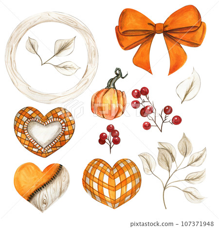 Watercolor hand drawn set of autumn pumpkin, hearts and ribbon. Hand drawn illustration of autumn. Halloween illustration for sticker, invitation, poster, packaging, designs, cards 107371948