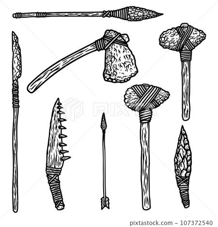 Caveman weapon set. Stone ax, spear, bone knife. Design element for poster, card, banner, sign. Vector illustration Caveman weapon set. Stone ax, spear, bone knife. Design element for poster, card, banner, sign. Vector illustration 107372540
