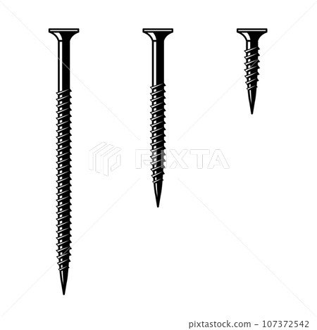 Set of illustrations of screws. Design element for logo, label, sign, emblem, banner. Vector illustration 107372542