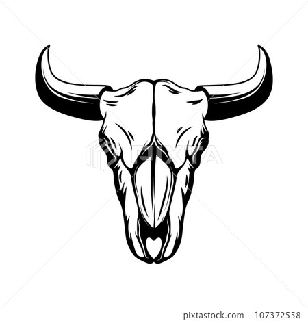 Illustration of buffalo skull in monochrome style. Wild west theme. Design element for logo, label, sign, emblem, poster. Vector illustration 107372558