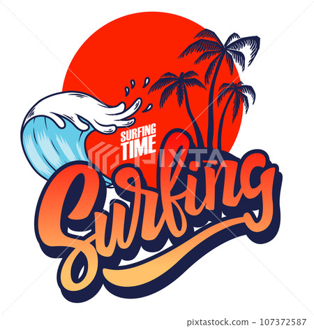Surfing. Emblem template with waves and palms. Design element for poster, card, banner, sign, emblem. Vector illustration 107372587