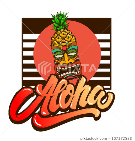 Aloha. Emblem template with tiki idol. Design element for poster, card, banner, sign, emblem. Vector illustration 107372588