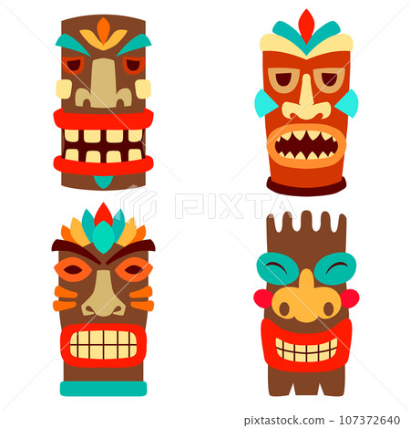 Set of illustrations of tiki masks in flat style isolated on white background. Design element for logo, label, sign, emblem, poster. Vector illustration Set of illustrations of tiki masks in flat style isolated on white background. Design element for logo, label, sign, emblem, poster. Vector illustration 107372640
