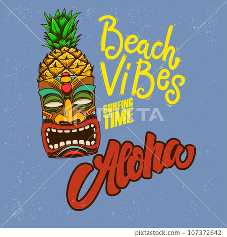 Beach vibes. Aloha. Emblem template with tiki idol. Design element for poster, card, banner, sign, emblem. Vector illustration Beach vibes. Aloha. Emblem template with tiki idol. Design element for poster, card, banner, sign, emblem. Vector illustration 107372642