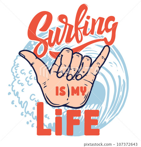 Surfing is my life. Human hand with shaka sign . Design element for logo, label, sign, emblem, poster. Vector illustration Surfing is my life. Human hand with shaka sign . Design element for logo, label, sign, emblem, poster. Vector illustration 107372643