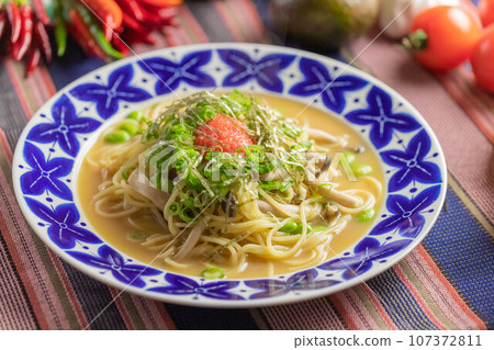 Mushroom and mentaiko soup pasta Mushroom and mentaiko soup pasta 107372811