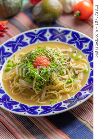 Mushroom and mentaiko soup pasta Mushroom and mentaiko soup pasta 107372812