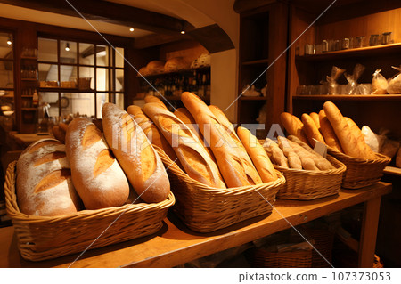 Bread shop. Various types of fresh bread loaves and French baguettes on shelves 107373053